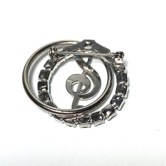 Brooch Treble Clef Stylized Silver Tone Aurora Borealis AB Crystals Art Deco - Picture 3 of 6